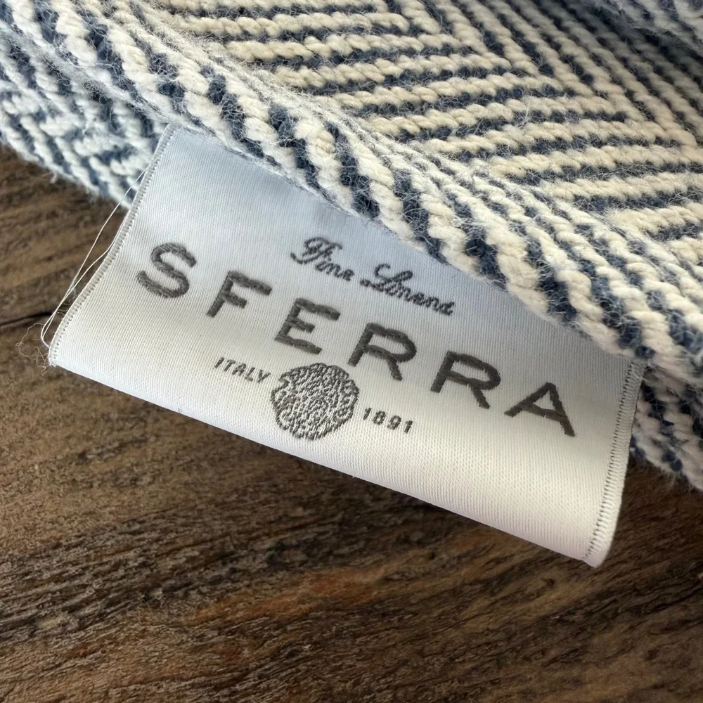 Sferra Celine Navy Blue Herringbone 100% Cotton Fringed‎ Throw Blanket 51x70